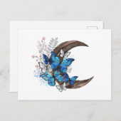 Blauwe vlinders op houten halve maan feestdagenkaart (Voorkant / Achterkant)