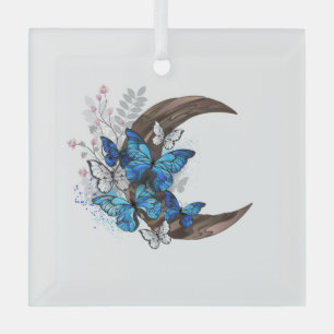 Blauwe vlinders op houten halve maan glas ornament