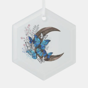 Blauwe vlinders op houten halve maan glas ornament