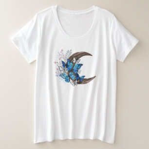 Blauwe vlinders op houten halve maan grote maat t-shirt