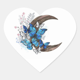 Blauwe vlinders op houten halve maan hart sticker