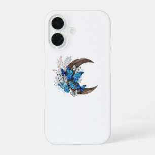 Blauwe vlinders op houten halve maan iPhone 16 hoesje
