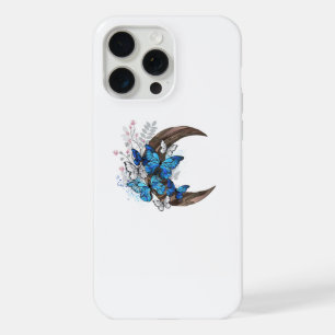 Blauwe vlinders op houten halve maan iPhone 15 pro max case