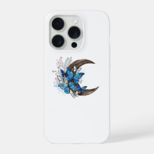 Blauwe vlinders op houten halve maan iPhone 15 pro case