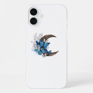 Blauwe vlinders op houten halve maan iPhone 16 plus hoesje