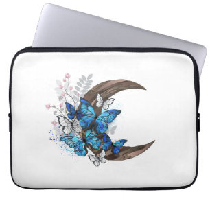 Blauwe vlinders op houten halve maan laptop sleeve