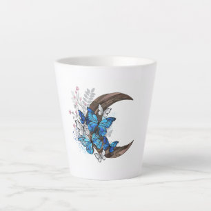 Blauwe vlinders op houten halve maan latte mok