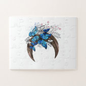 Blauwe vlinders op houten halve maan legpuzzel (Horizontaal)