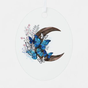 Blauwe vlinders op houten halve maan metalen ornament
