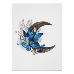 Blauwe vlinders op houten halve maan perfect poster
