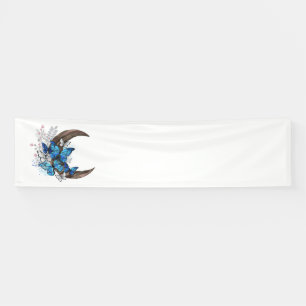 Blauwe vlinders op houten halve maan spandoek