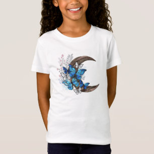 Blauwe vlinders op houten halve maan t-shirt