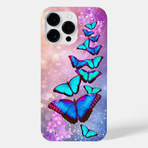 Blauwe Vlinders op Roze en lavander bloemen iPhone 14 Pro Max Hoesje