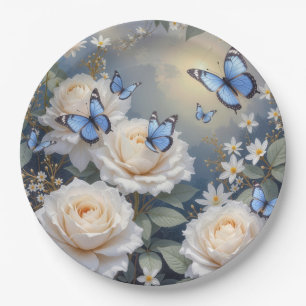Blauwe Vlinders Op Witte Rozen en Madeliefjes Papieren Bordje