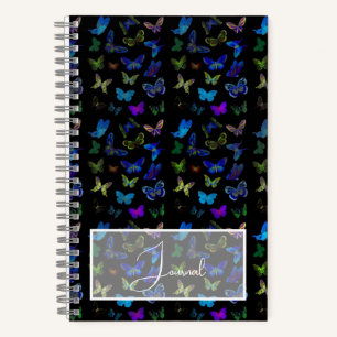 Blauwe vlinders op zwart dagboek notitieboek