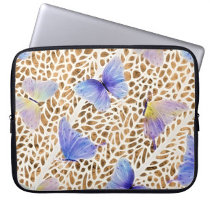 Blauwe Vlinders Organisch Bruin Dierenpatroon Laptop Sleeve