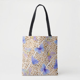 Blauwe Vlinders Organisch Bruin Dierenpatroon Tote Bag