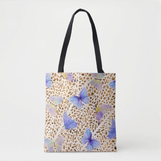 Blauwe Vlinders Organisch Bruin Dierenpatroon Tote Bag (Voorkant)