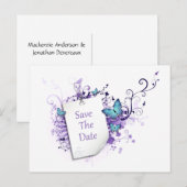 Blauwe vlinders Paarse wervelingen Bewaar de datum Aankondigingskaart (Voorkant / Achterkant)