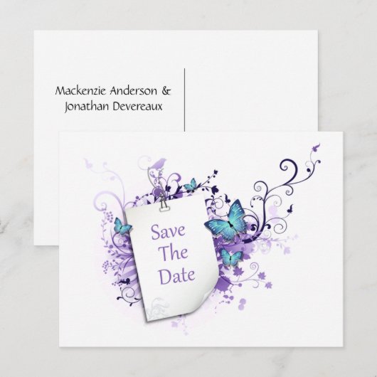 Blauwe vlinders Paarse wervelingen Bewaar de datum Aankondigingskaart (Voorkant / Achterkant)
