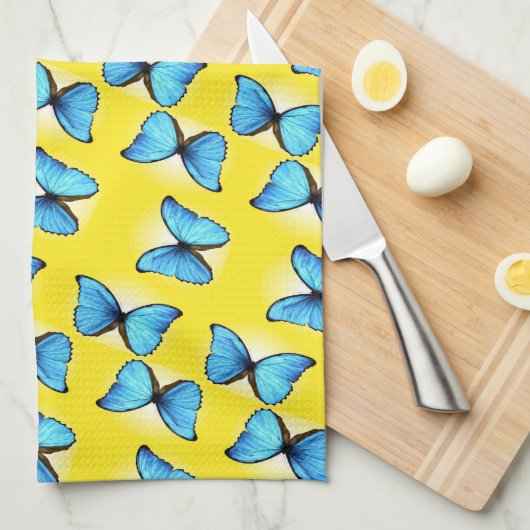 Blauwe vlinders patroon op geel theedoek (Quarter Fold)