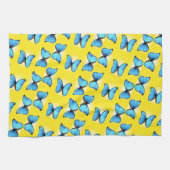Blauwe vlinders patroon op geel theedoek (Horizontaal)