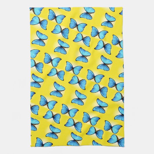 Blauwe vlinders patroon op geel theedoek (Verticaal)