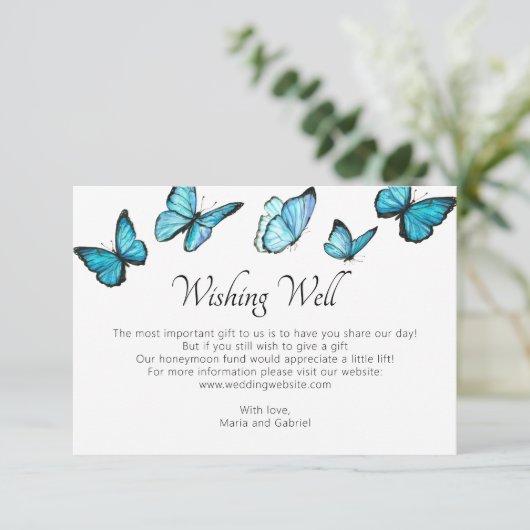 Blauwe vlinders. Romantische bruiloft die goed wen Informatiekaartje (Staand voorkant)