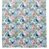 Blauwe vlinders, roze bloemen, douchegordijn (Voorkant)