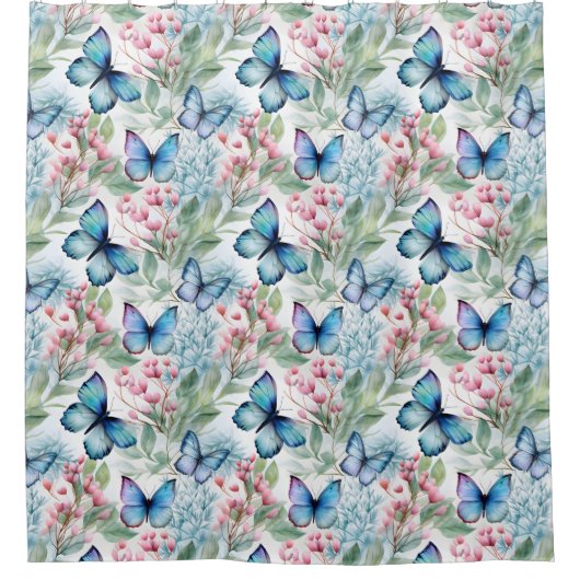 Blauwe vlinders, roze bloemen, douchegordijn (Voorkant)