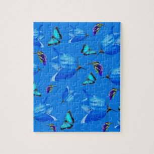 Blauwe vlinders, tandbaarzen en bloemen, legpuzzel