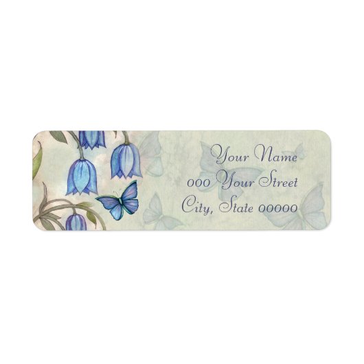Blauwe Vlinders Waterverf Bloemen Bruiloft Etiket (Voorkant)