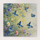 Blauwe Vlinders Waterverf Wilde Bloemenweide Legpuzzel (Horizontaal)