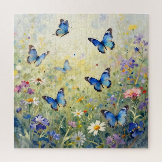 Blauwe Vlinders Waterverf Wilde Bloemenweide Legpuzzel (Verticaal)