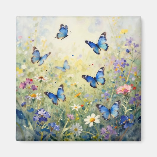 Blauwe Vlinders Waterverf Wilde Bloemenweide Magneet (Voorkant)