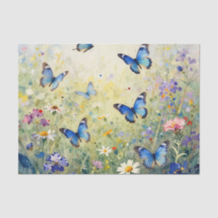 Blauwe Vlinders Waterverf Wilde Bloemenweide Tissuepapier