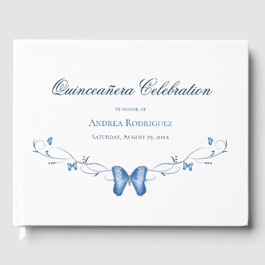 Blauwe vlinders & wervelingen Quinceañera Gastenboek (Voorkant)