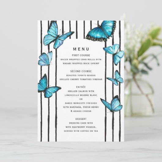 Blauwe vlinders. Zwart witte strepen Menu (Staand voorkant)
