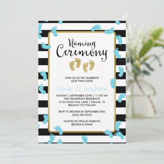 Blauwe Voetafdrukken Zwart & Goud Twins Naming Cer Kaart (Staand voorkant)