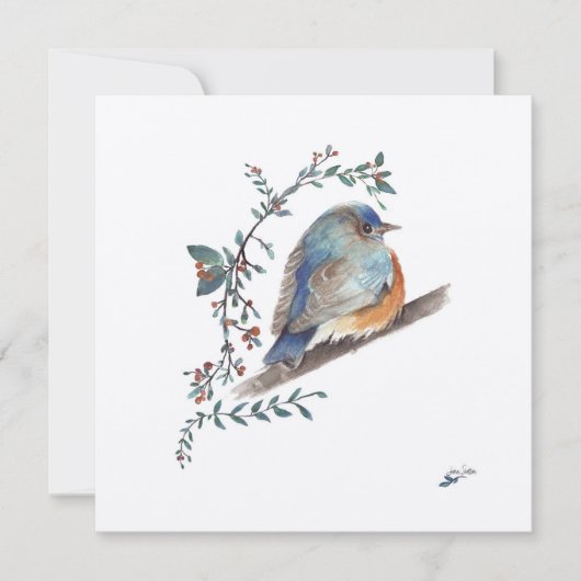Blauwe Vogel Aquarel Bessen Groene Kunst (Voorkant)