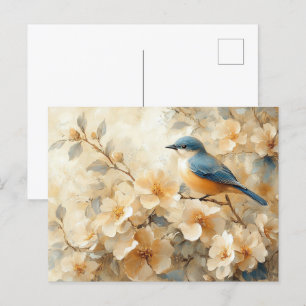 Blauwe vogel bloeiende boom schilderij briefkaart