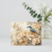 Blauwe vogel bloeiende boom schilderij briefkaart (Staand voorkant)
