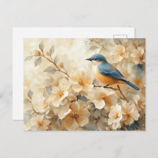 Blauwe vogel bloeiende boom schilderij briefkaart (Voorkant / Achterkant)