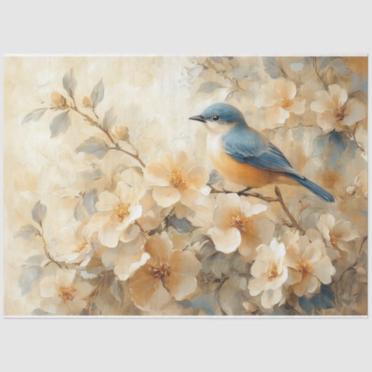 Blauwe vogel bloeiende boom schilderij Decoupage Tissuepapier (Voorkant)