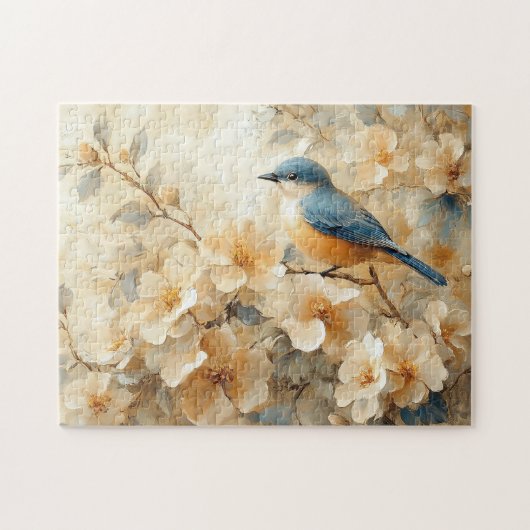 Blauwe vogel bloeiende boom schilderij legpuzzel (Horizontaal)