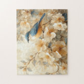 Blauwe vogel bloeiende boom schilderij legpuzzel (Verticaal)