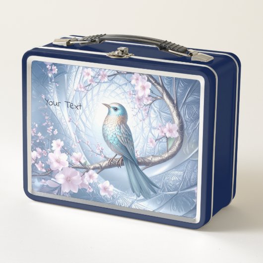 Blauwe Vogel Bloem Metalen Lunchbox (Voorkant)
