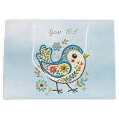 Blauwe Vogel Bloemen Gift Bag Groot Cadeauzakje (Voorkant)