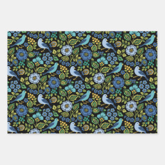 Blauwe Vogel Bloemen op Zwart Inpakpapier Vel