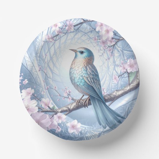 Blauwe Vogel Bloemen Papieren Kom (Voorkant)